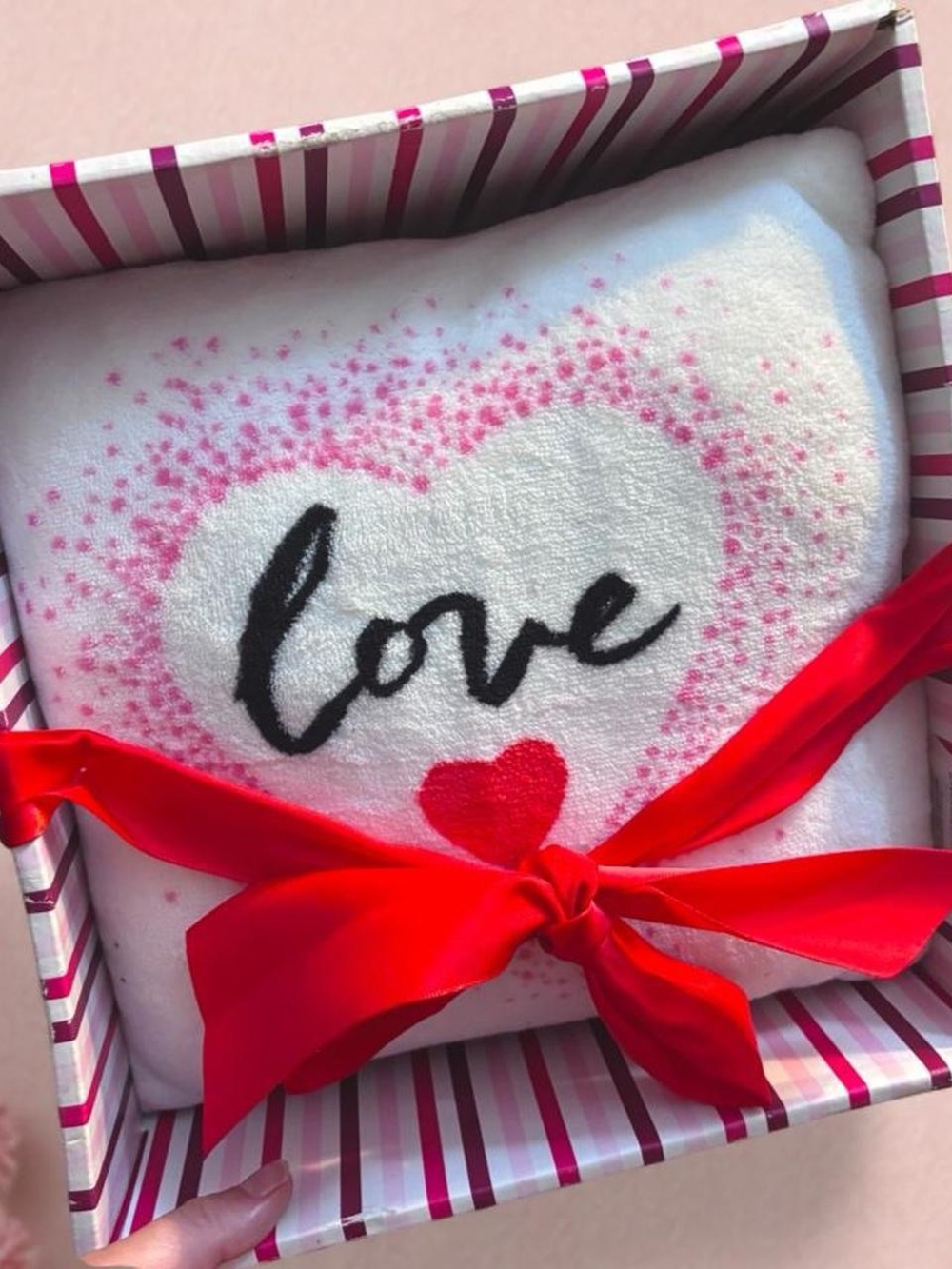 NWT Spritz White Accent Pillow with Black Love Script and Pink Heart Dots 11x11